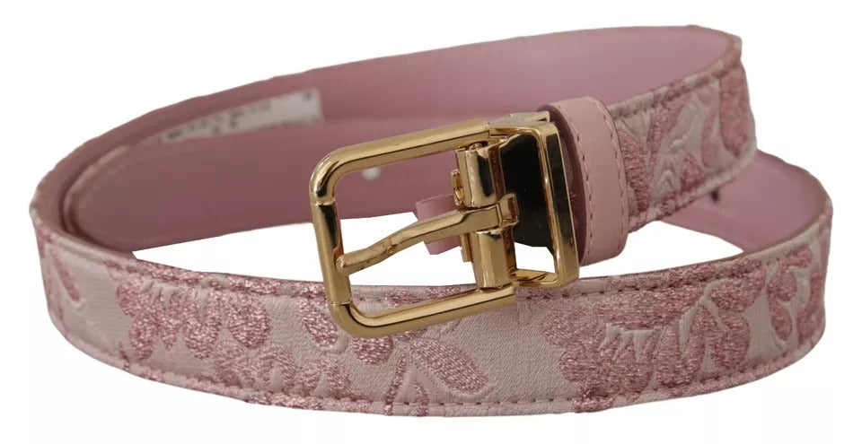 Pink jacquard embroidered belt with gold-tone metal buckle by Dolce & Gabbana, showcasing intricate embroidery and elegant design.