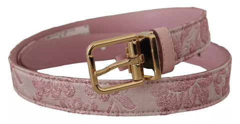 Pink jacquard embroidered belt with gold-tone metal buckle by Dolce & Gabbana, showcasing intricate embroidery and elegant design.