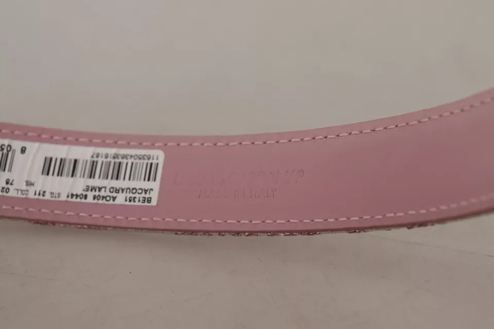 Pink jacquard embroidered belt with gold-tone metal buckle by Dolce & Gabbana, showcasing intricate embroidery and elegant design.