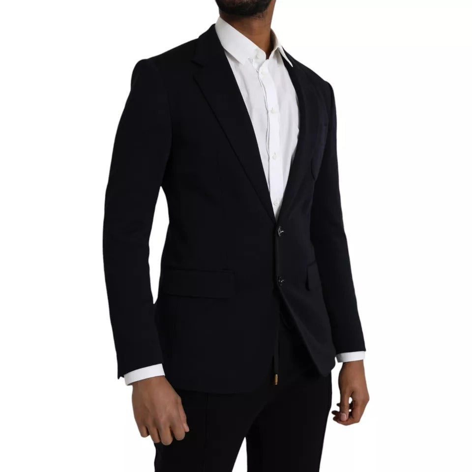 Blue wool single-breasted coat blazer by Dolce & Gabbana with notch lapels, tailored fit, and classic design.