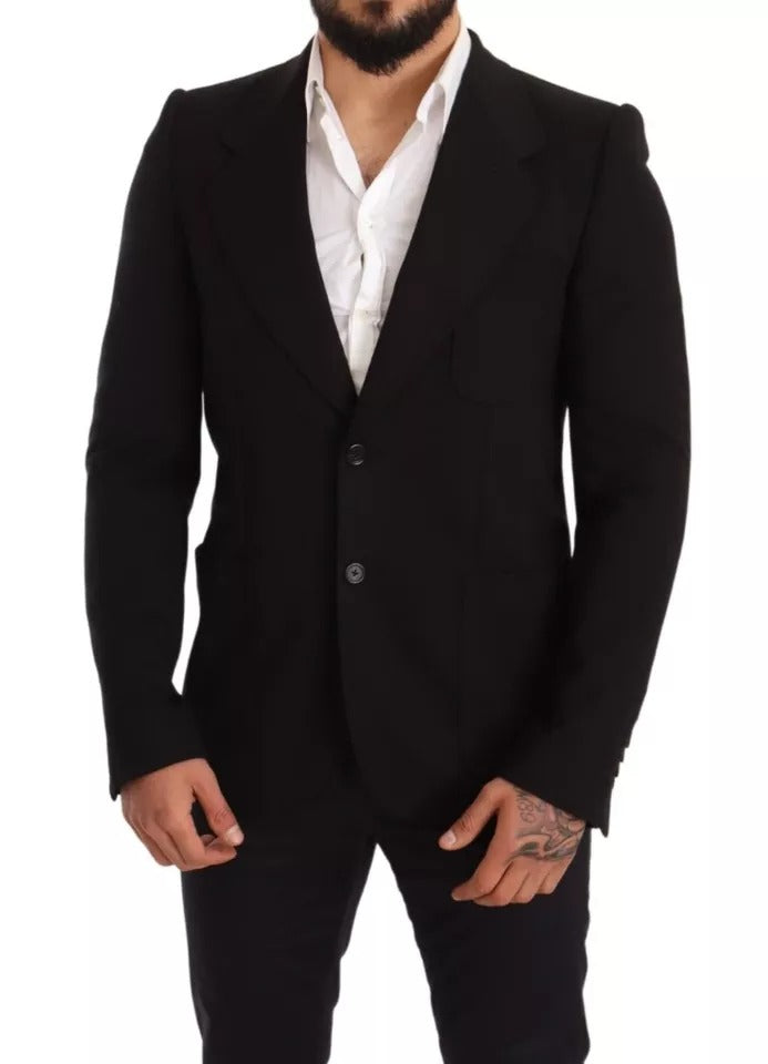 Black wool slim fit coat jacket blazer by Dolce & Gabbana, tailored fit with lapel collar and sleek design for sophisticated style.