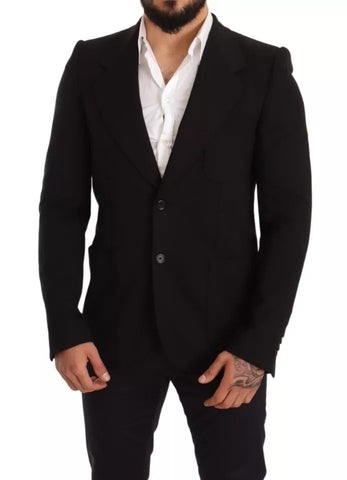 Black wool slim fit coat jacket blazer by Dolce & Gabbana, tailored fit with lapel collar and sleek design for sophisticated style.
