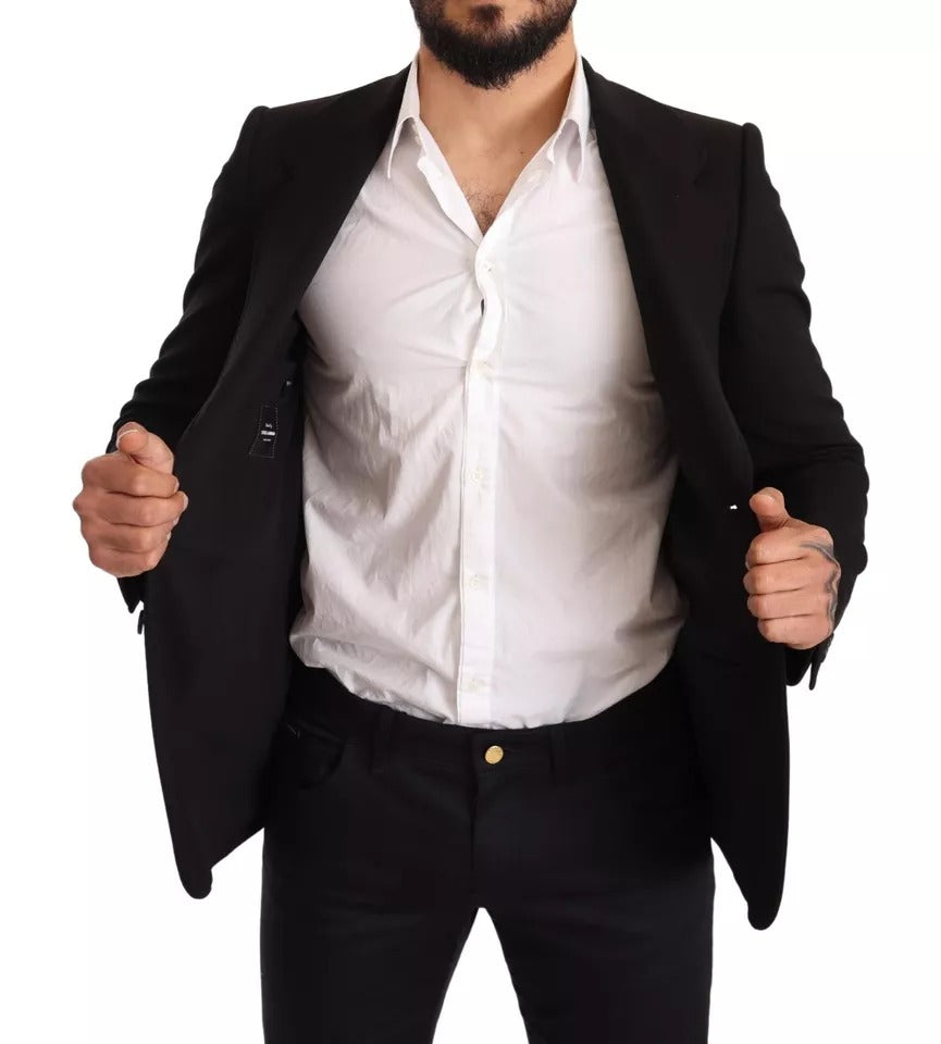 Black wool slim fit coat jacket blazer by Dolce & Gabbana, tailored with a sleek design and classic lapel collar.