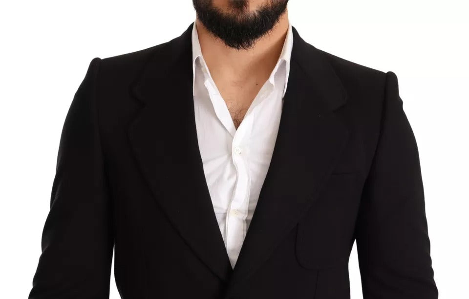 Black wool slim fit coat jacket blazer by Dolce & Gabbana, shown on a hanger with detailed stitching and tailored fit.