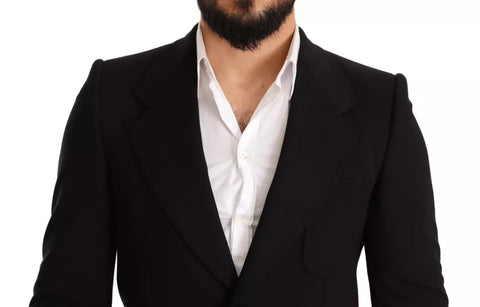 Black wool slim fit coat jacket blazer by Dolce & Gabbana, shown on a hanger with detailed stitching and tailored fit.