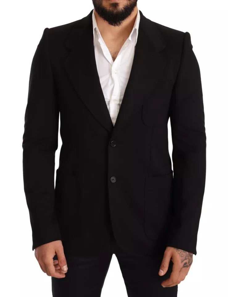 Black wool slim fit coat jacket blazer by Dolce & Gabbana, shown on a hanger, featuring a tailored design and classic lapel collar.