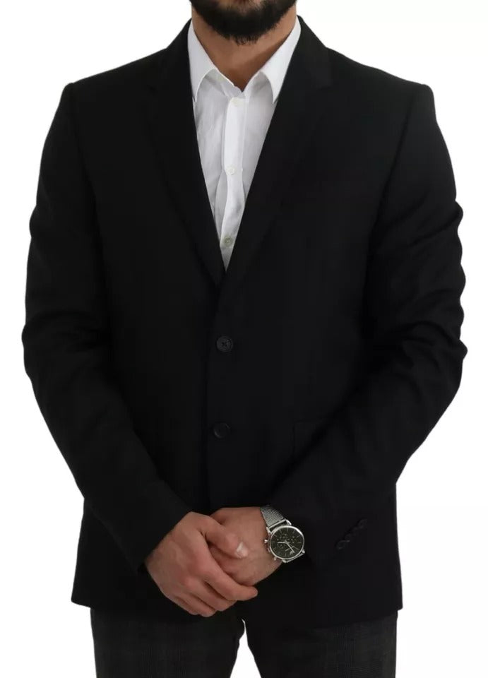 Black wool slim fit notch blazer jacket by Dolce & Gabbana, tailored with a sleek design and classic lapel details.