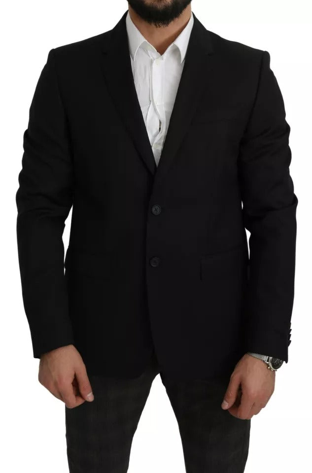 Black wool slim fit notch blazer by Dolce & Gabbana, tailored jacket with sharp lapels and structured fit.