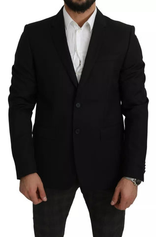 Black wool slim fit notch blazer by Dolce & Gabbana, tailored jacket with sharp lapels and structured fit.