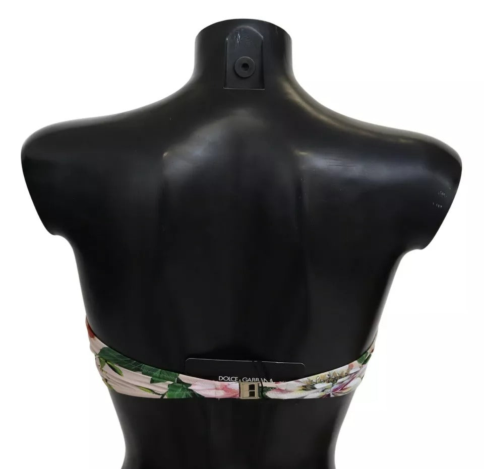 Pink floral print Dolce & Gabbana bikini top, stylish beachwear swimsuit with floral design, perfect for summer swim sessions.