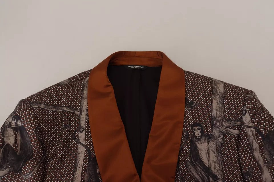 Bronze silk blazer with a monkey print by Dolce & Gabbana, slim fit design, tailored jacket for a stylish look.