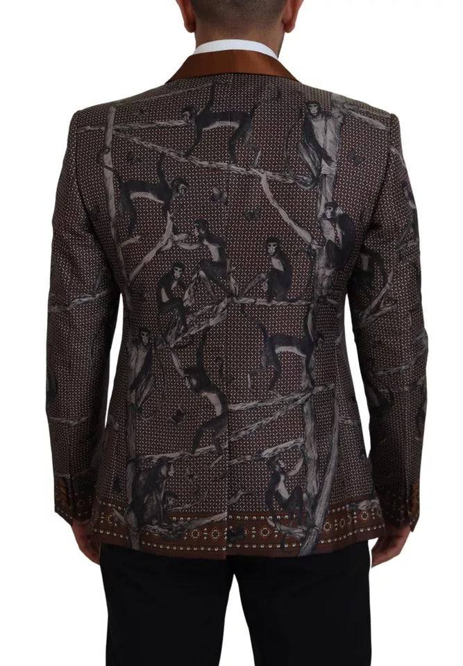 Bronze silk blazer with monkey print from Dolce & Gabbana, slim fit jacket featuring tailored design and stylish details.