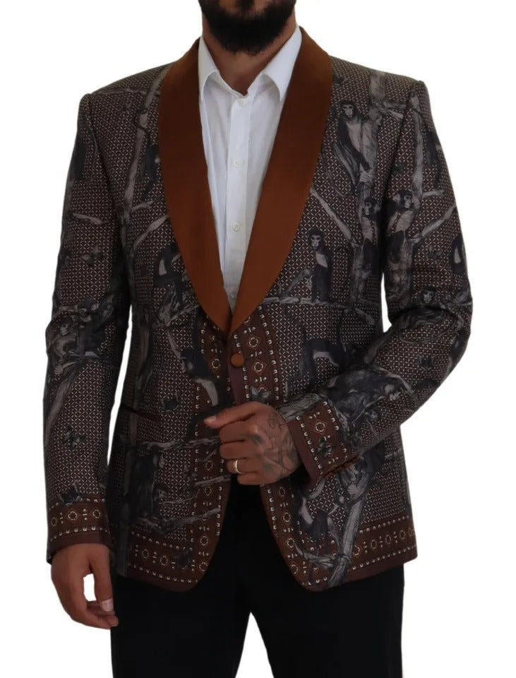 Bronze silk blazer with monkey print by Dolce & Gabbana, tailored fit, featuring a sleek lapel and button closure.