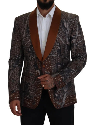 Bronze silk blazer with monkey print by Dolce & Gabbana, tailored fit, featuring a sleek lapel and button closure.