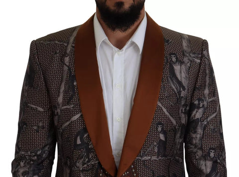 Bronze silk blazer featuring a monkey print by Dolce & Gabbana, tailored fit with sleek lapels and stylish design.