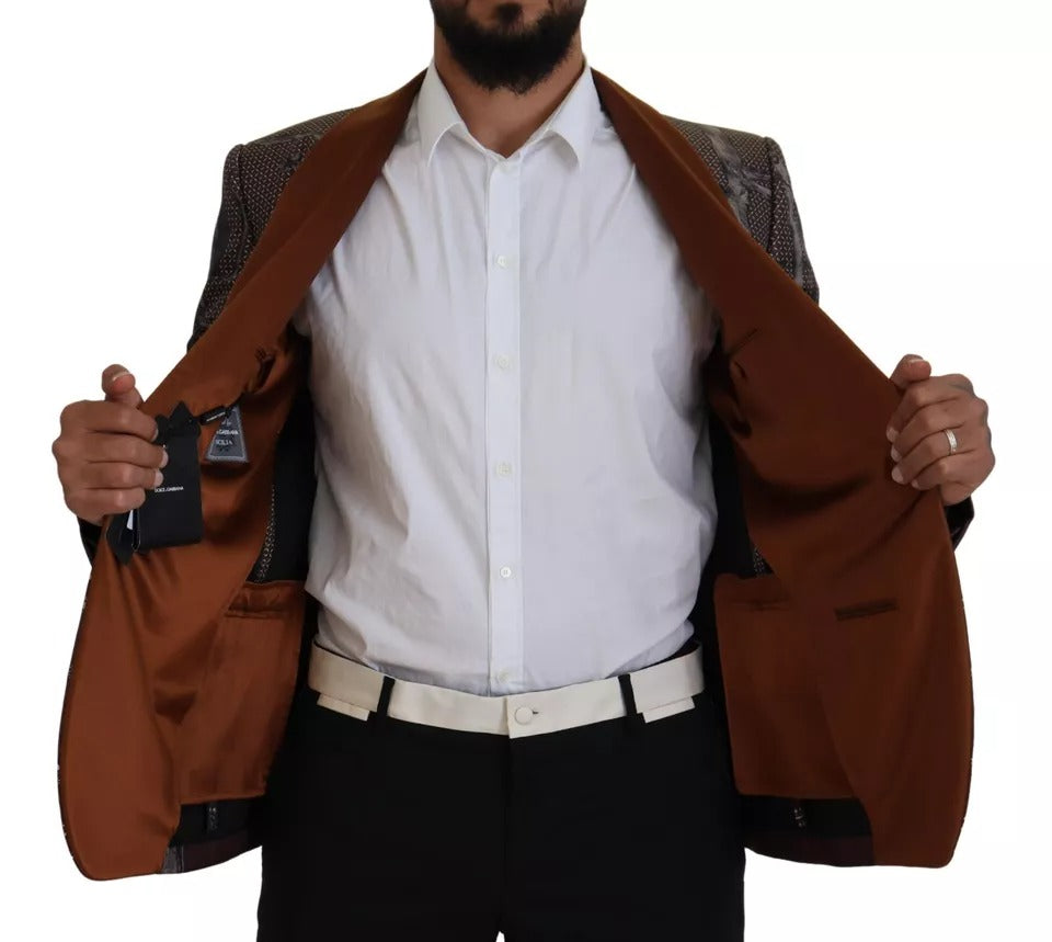 Bronze silk blazer with monkey print from Dolce & Gabbana, slim fit jacket featuring stylish, intricate design and tailored fit.