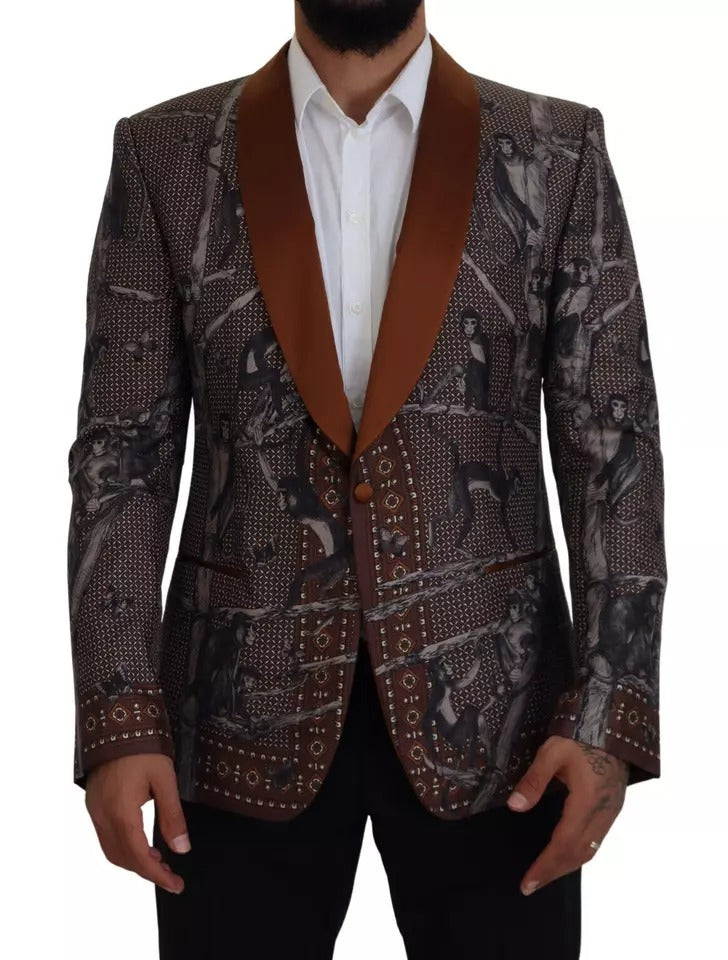 Bronze silk blazer with monkey print by Dolce & Gabbana, slim fit jacket featuring a stylish and luxurious design.