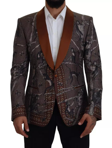 Bronze silk blazer with monkey print by Dolce & Gabbana, slim fit jacket featuring a stylish and luxurious design.