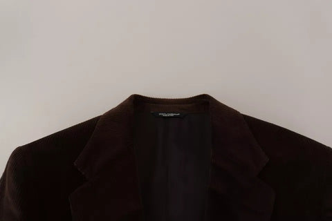 Brown corduroy slim fit coat with Dolce & Gabbana logo blazer, tailored design and classic collar, front view.