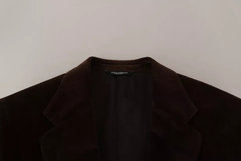 Brown corduroy slim fit coat with DG logo blazer by Dolce & Gabbana, featuring a classic tailored design and button closure.