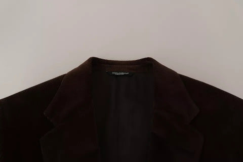 Brown corduroy slim fit coat with DG logo blazer by Dolce & Gabbana, featuring a classic tailored design and button closure.