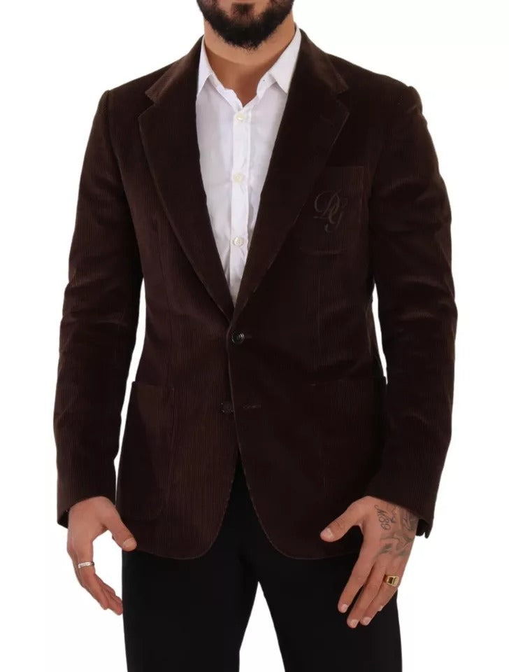 Brown corduroy slim fit coat with DG logo blazer by Dolce & Gabbana, featuring a tailored design and classic lapel collar.