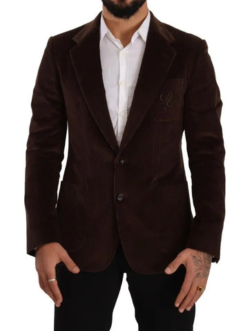 Brown corduroy slim fit coat with Dolce & Gabbana logo blazer, featuring classic lapels and tailored design.
