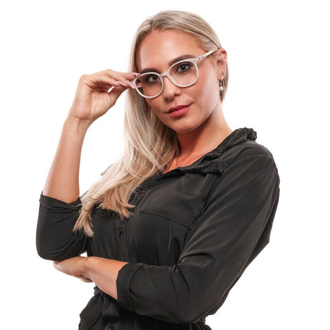 White plastic glasses frames by Swarovski featuring a sleek design and clear lenses, perfect for stylish eyewear.