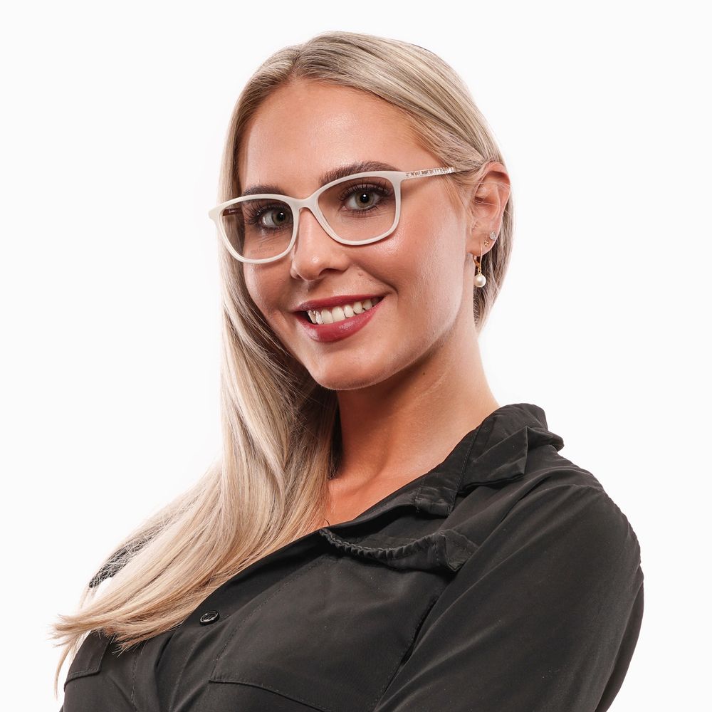 Swarovski white metal and plastic glasses frames with intricate detailing and clear lenses, stylish and lightweight eyewear design