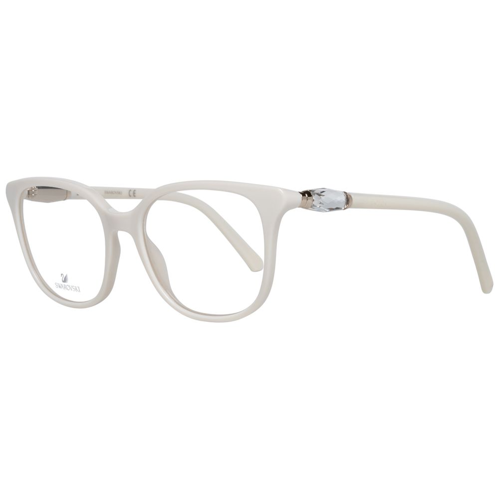 White plastic eyeglass frames by Swarovski featuring a sleek, modern design with clear lenses and elegant detailing.