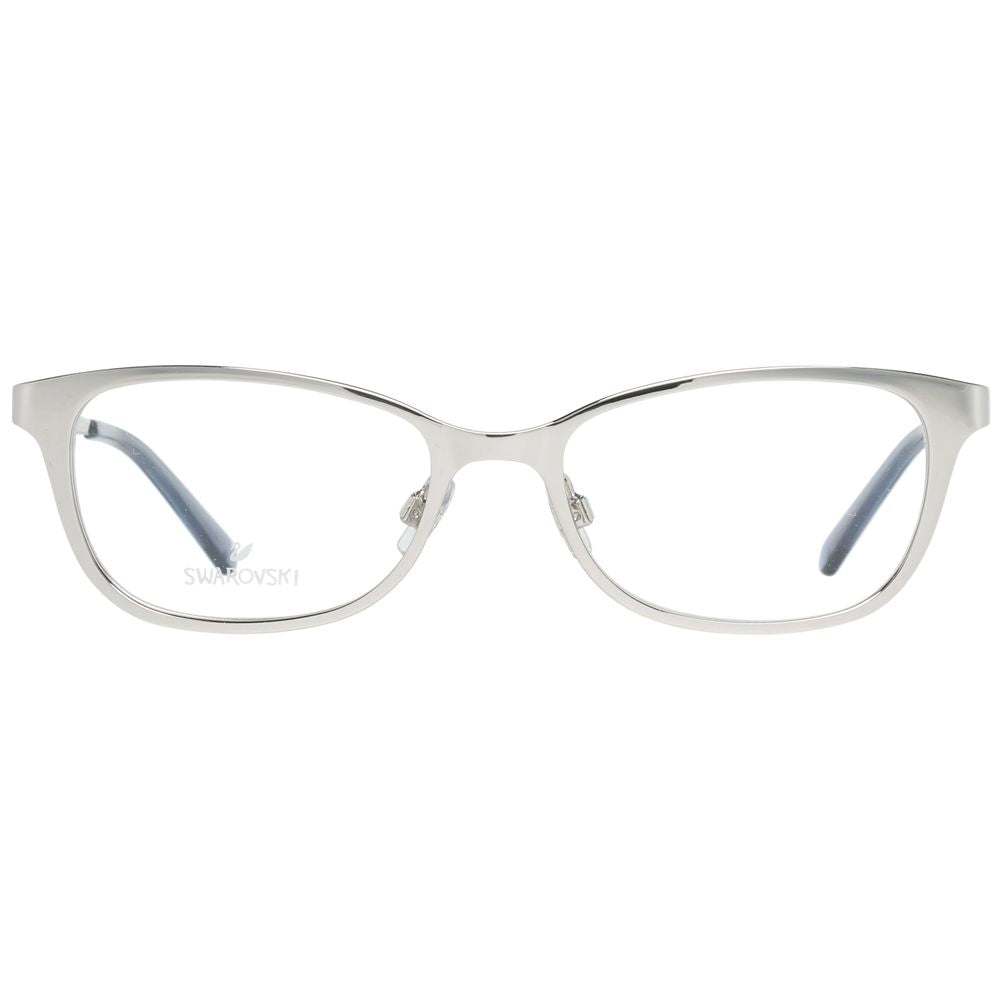 Silver Swarovski metal eyeglass frames with sleek design and clear lenses, stylish and lightweight for everyday wear.
