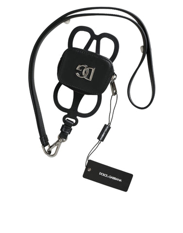 Black calfskin leather Dolce & Gabbana coin purse with DG logo, attached lanyard, compact wallet for coins and small essentials.