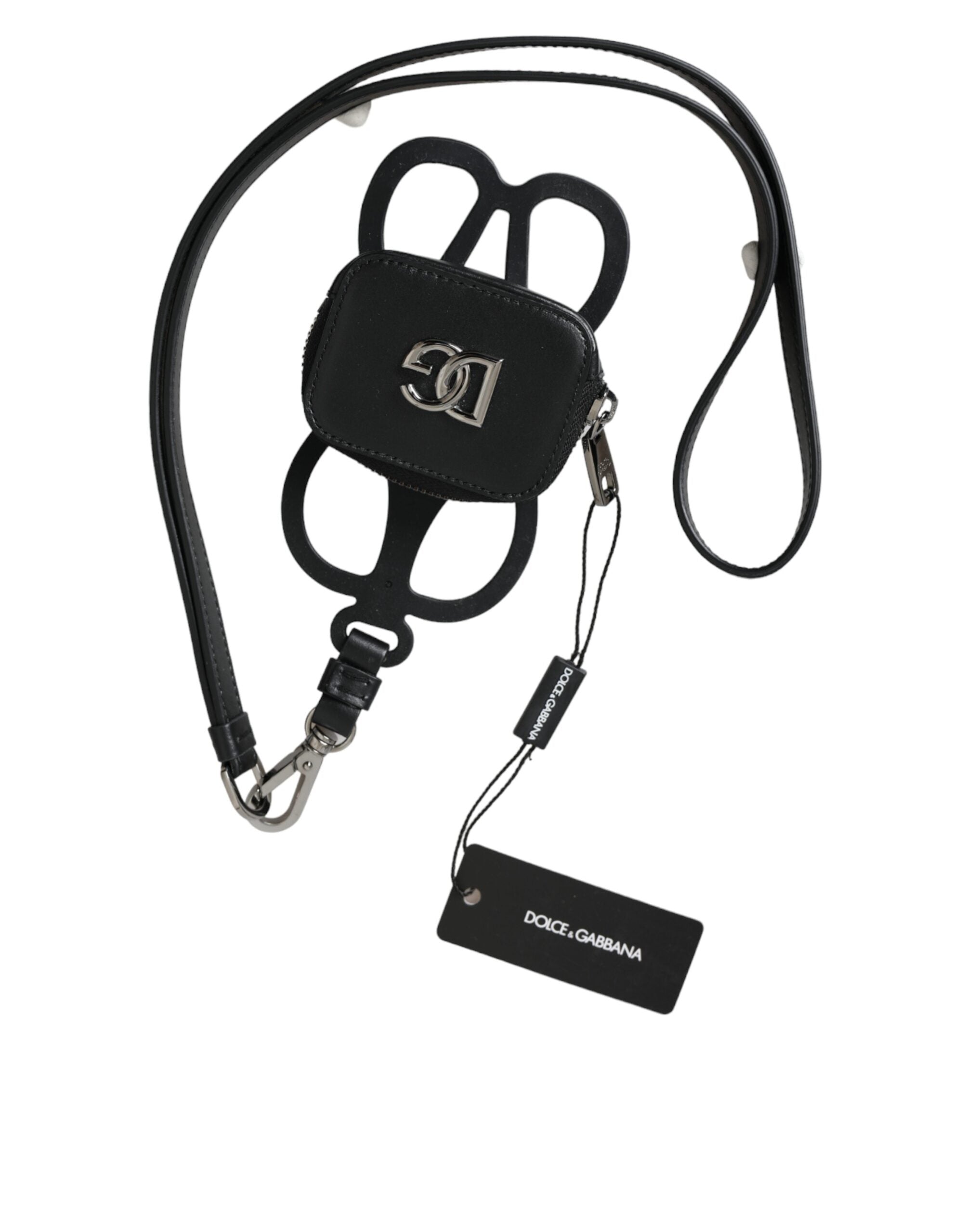 Black calfskin leather Dolce & Gabbana coin purse lanyard wallet with DG logo, compact and stylish accessory.
