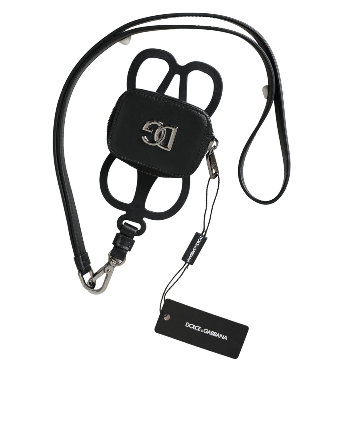 Black calfskin leather Dolce & Gabbana coin purse lanyard wallet with DG logo, compact and stylish accessory.