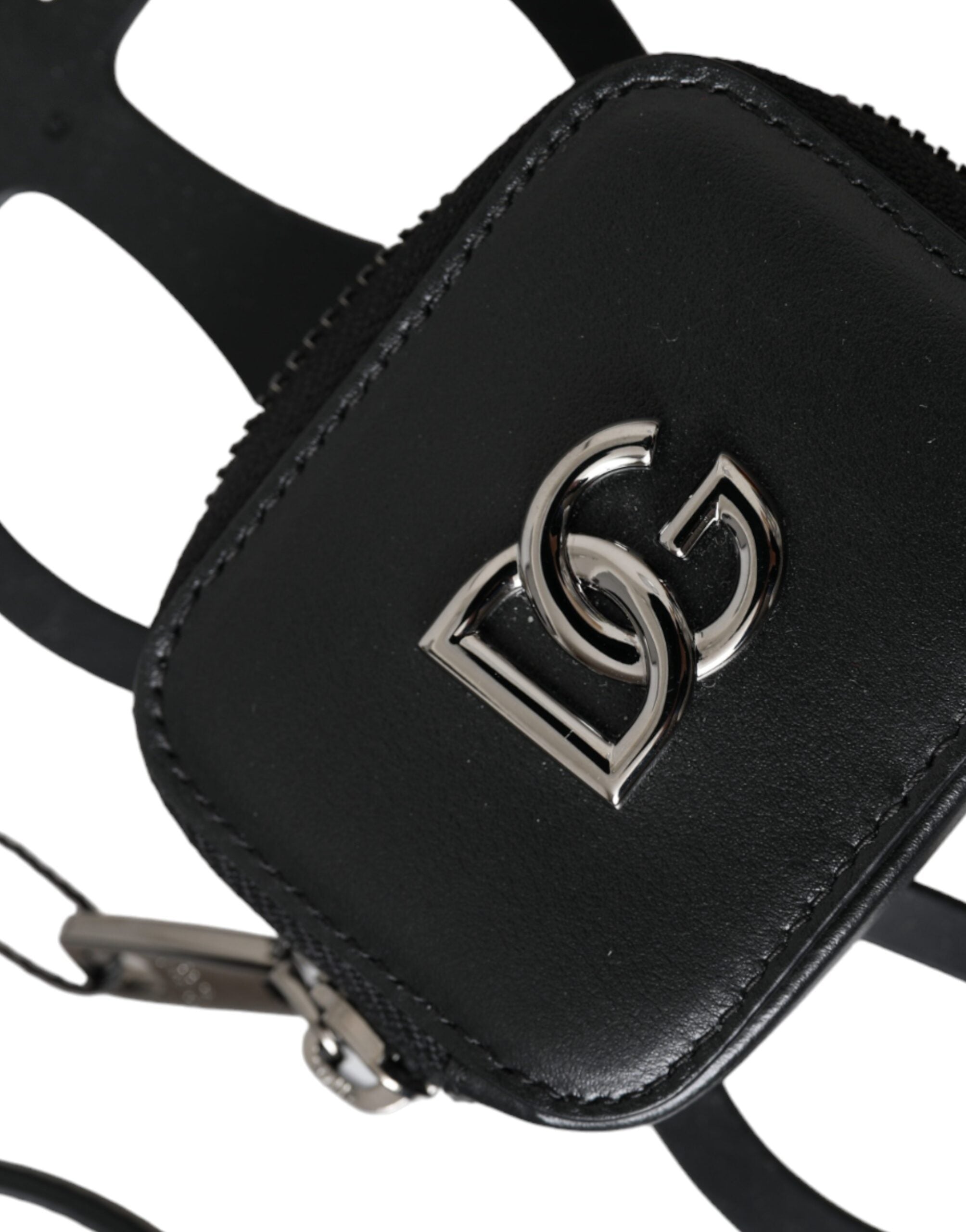Black calfskin leather Dolce & Gabbana coin purse with DG logo and matching lanyard, compact and stylish wallet accessory.