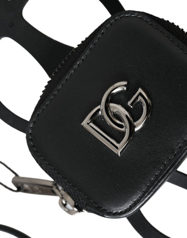 Black calfskin leather Dolce & Gabbana coin purse with DG logo and matching lanyard, compact and stylish wallet accessory.