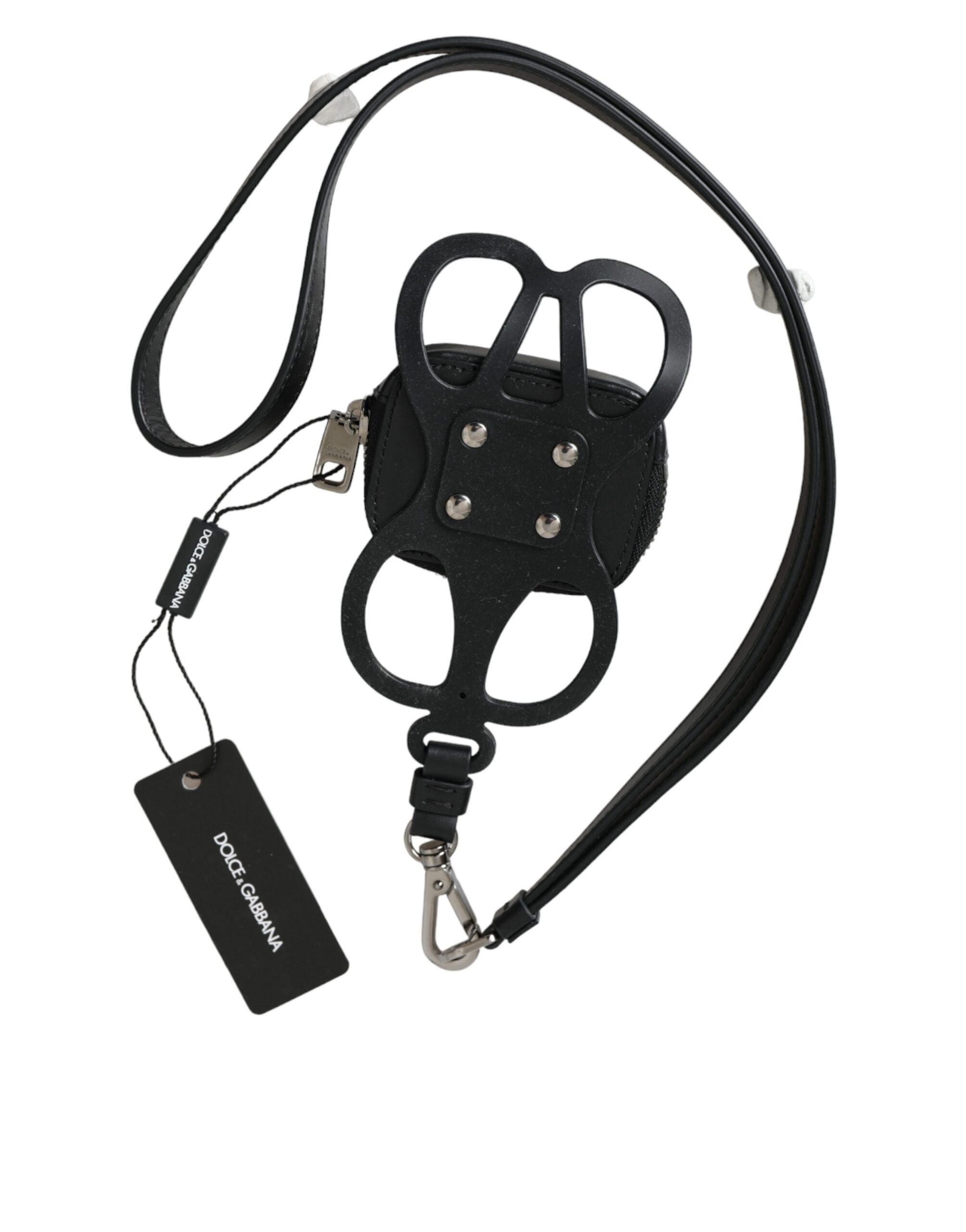 Black calfskin leather Dolce & Gabbana coin purse with DG logo, attached to a lanyard, featuring a compact wallet design.