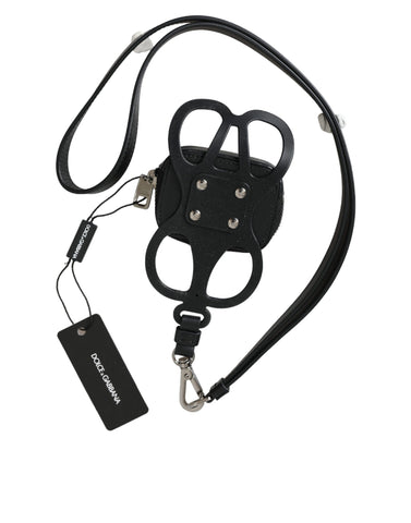 Black calfskin leather Dolce & Gabbana coin purse with DG logo, attached to a lanyard, featuring a compact wallet design.