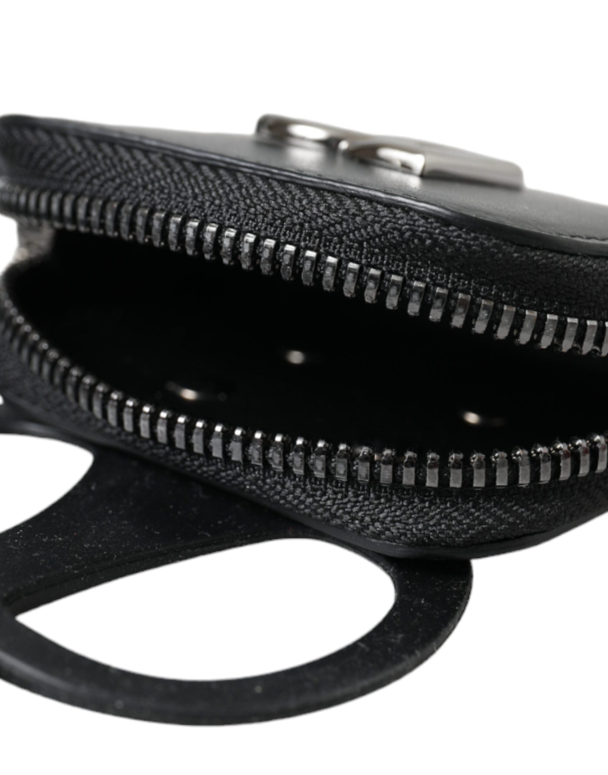 Black calfskin leather Dolce & Gabbana coin purse with DG logo, lanyard wallet, compact and stylish accessory.