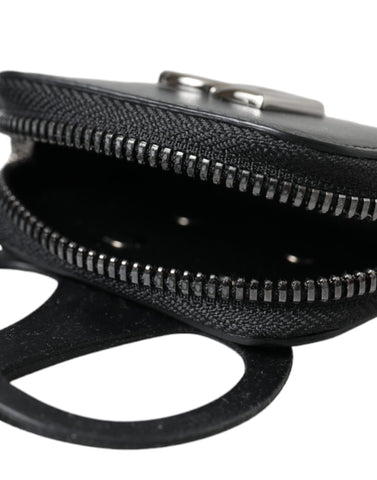 Black calfskin leather Dolce & Gabbana coin purse with DG logo, lanyard wallet, compact and stylish accessory.