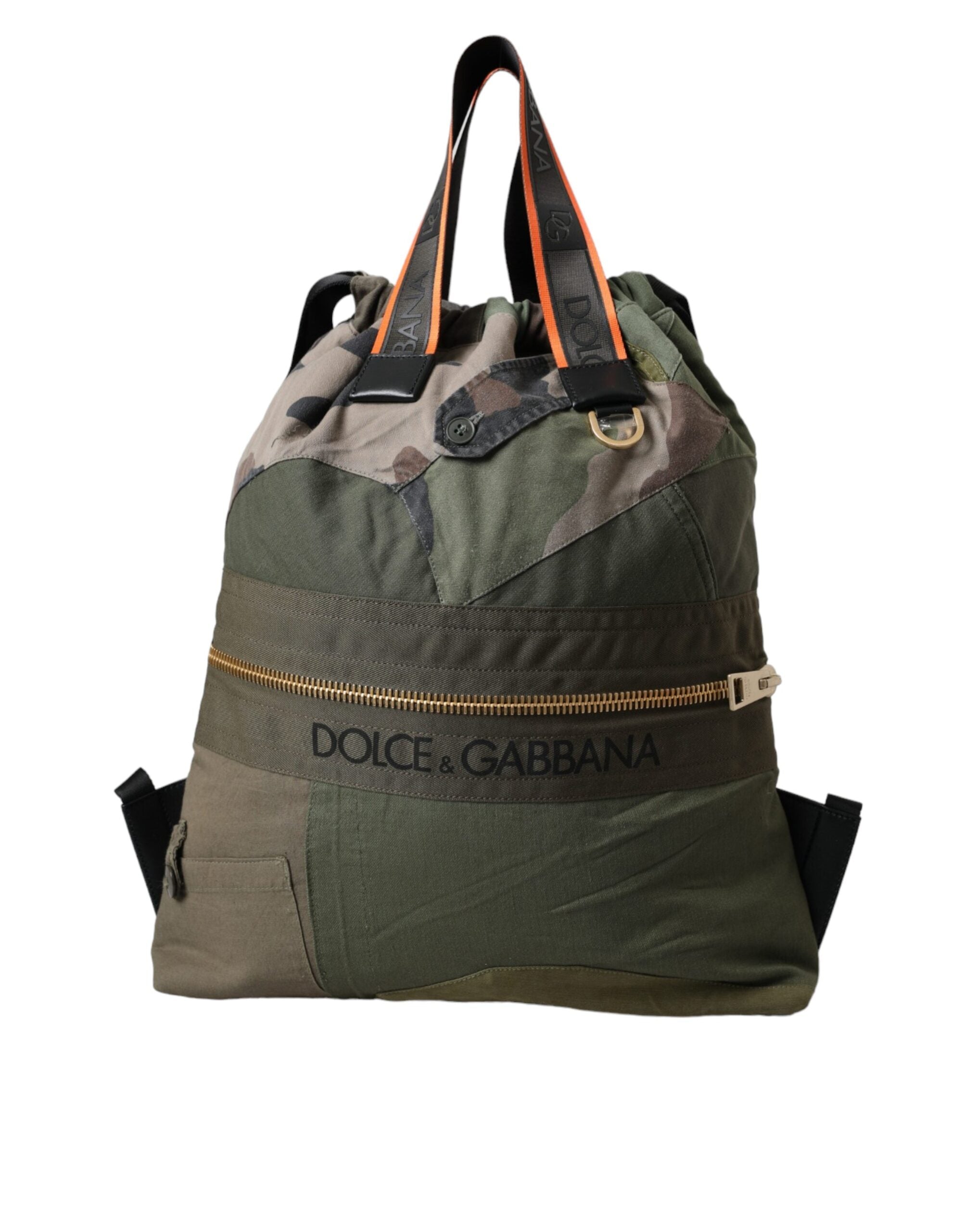 Military green patchwork rucksack backpack by Dolce & Gabbana with adjustable straps and multiple compartments.