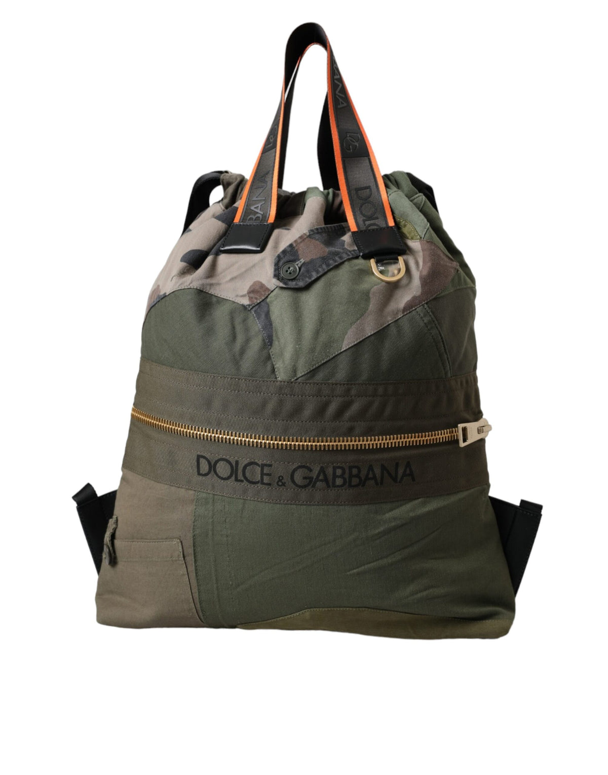 Military green patchwork rucksack backpack by Dolce & Gabbana with adjustable straps and multiple compartments.