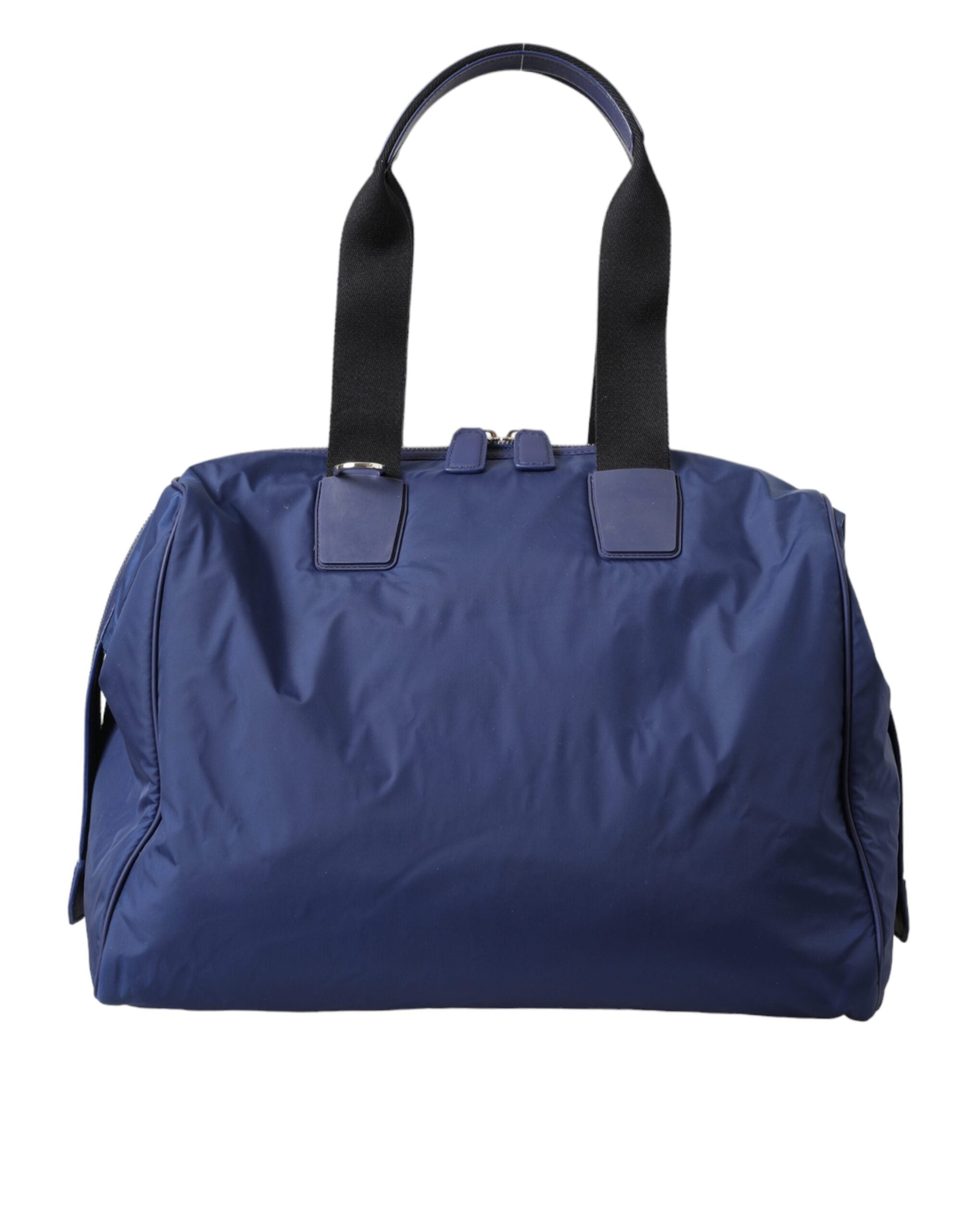 Blue nylon and calfskin Dolce & Gabbana hand shoulder duffel bag with top handles and shoulder strap.