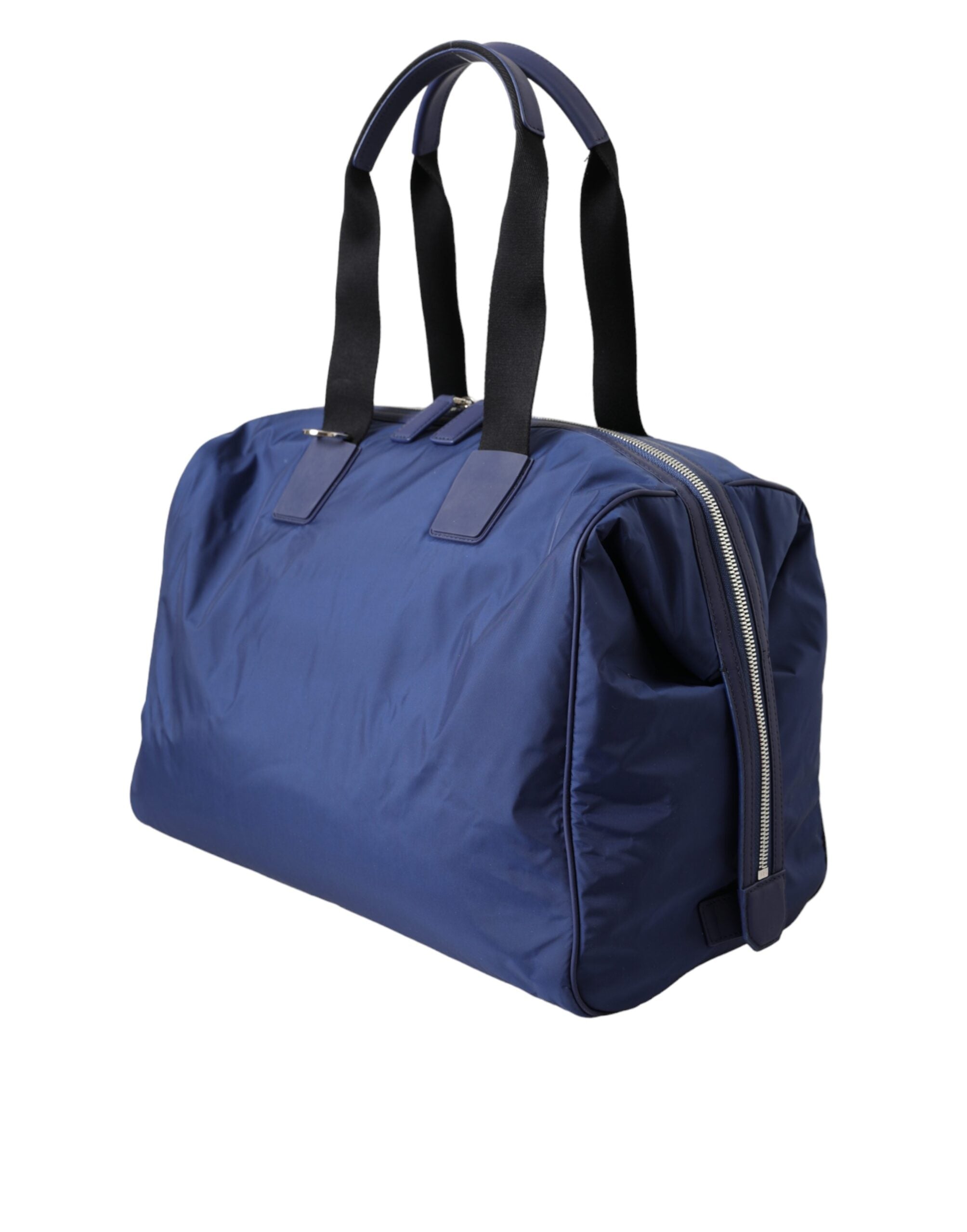 Blue nylon and calfskin Dolce & Gabbana hand shoulder duffel bag with top handles and spacious interior.