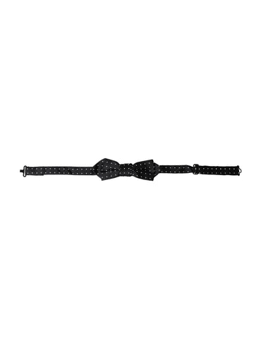 Black silk polka dot men's bow tie with adjustable neck strap by Dolce & Gabbana, featuring a classic papillon style.