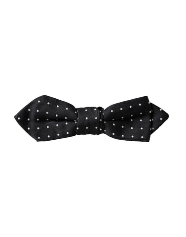 Black silk polka dot adjustable men's bow tie with papillon style from Dolce & Gabbana, featuring a classic polka dot pattern.