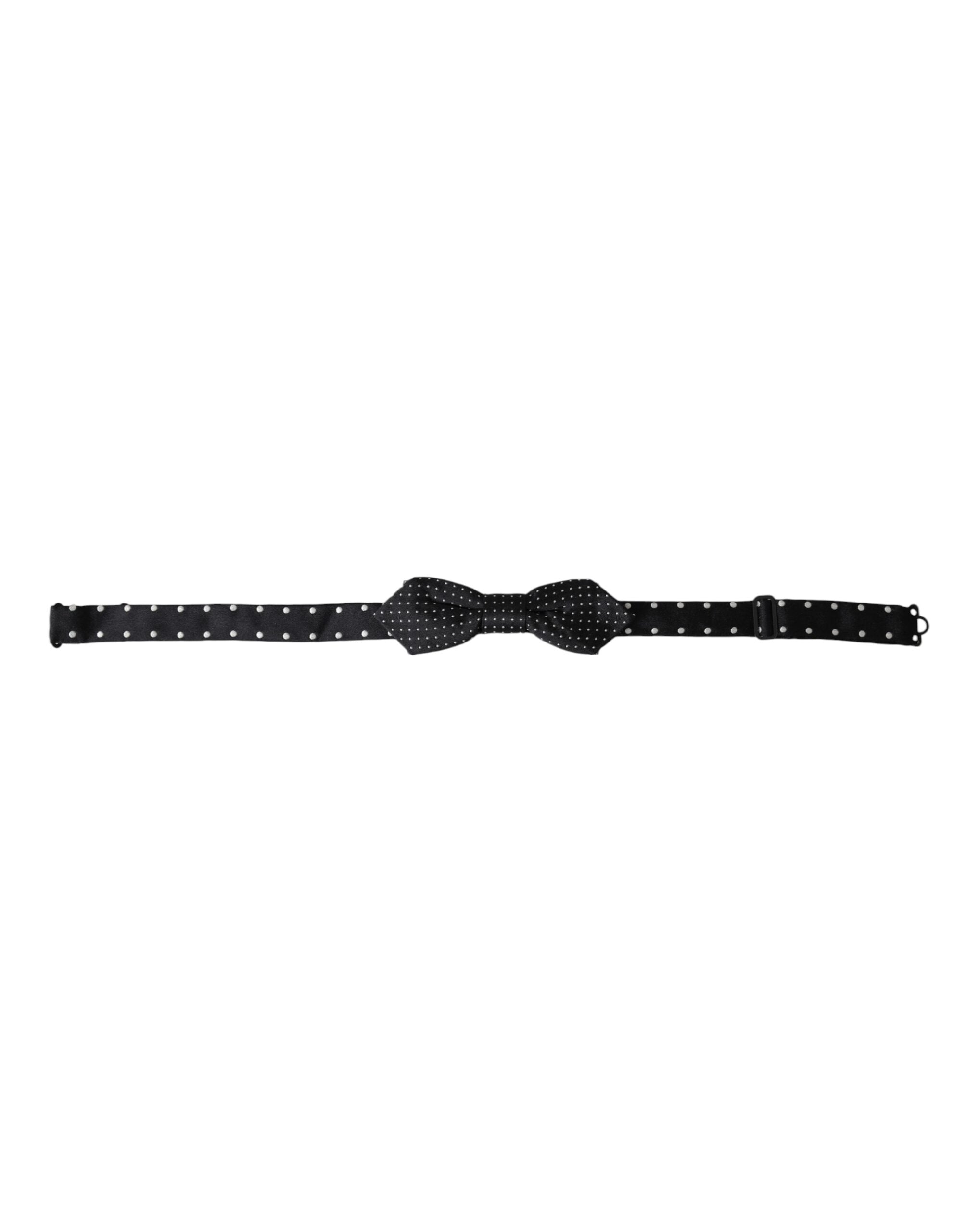 Black silk polka dot adjustable men's bow tie with papillon style, by Dolce & Gabbana, shown on a white background.