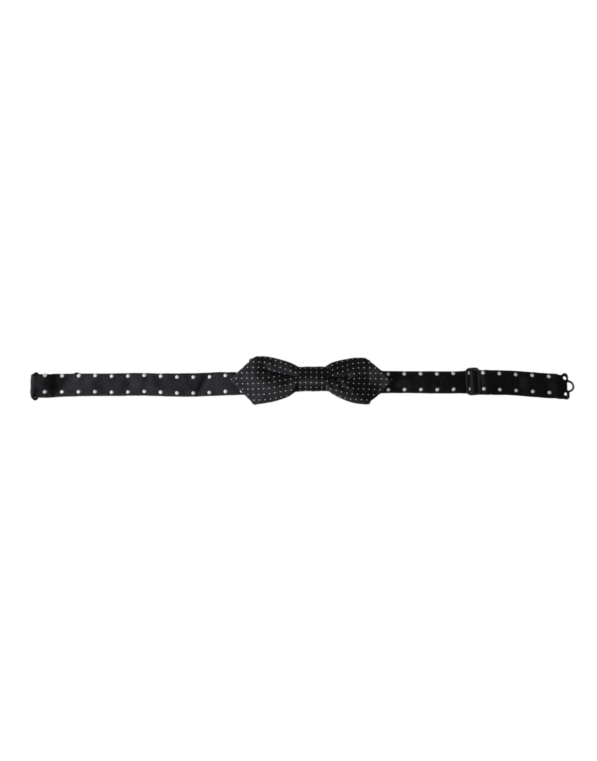 Black silk polka dot adjustable men's bow tie with papillon style, by Dolce & Gabbana, shown on a white background.