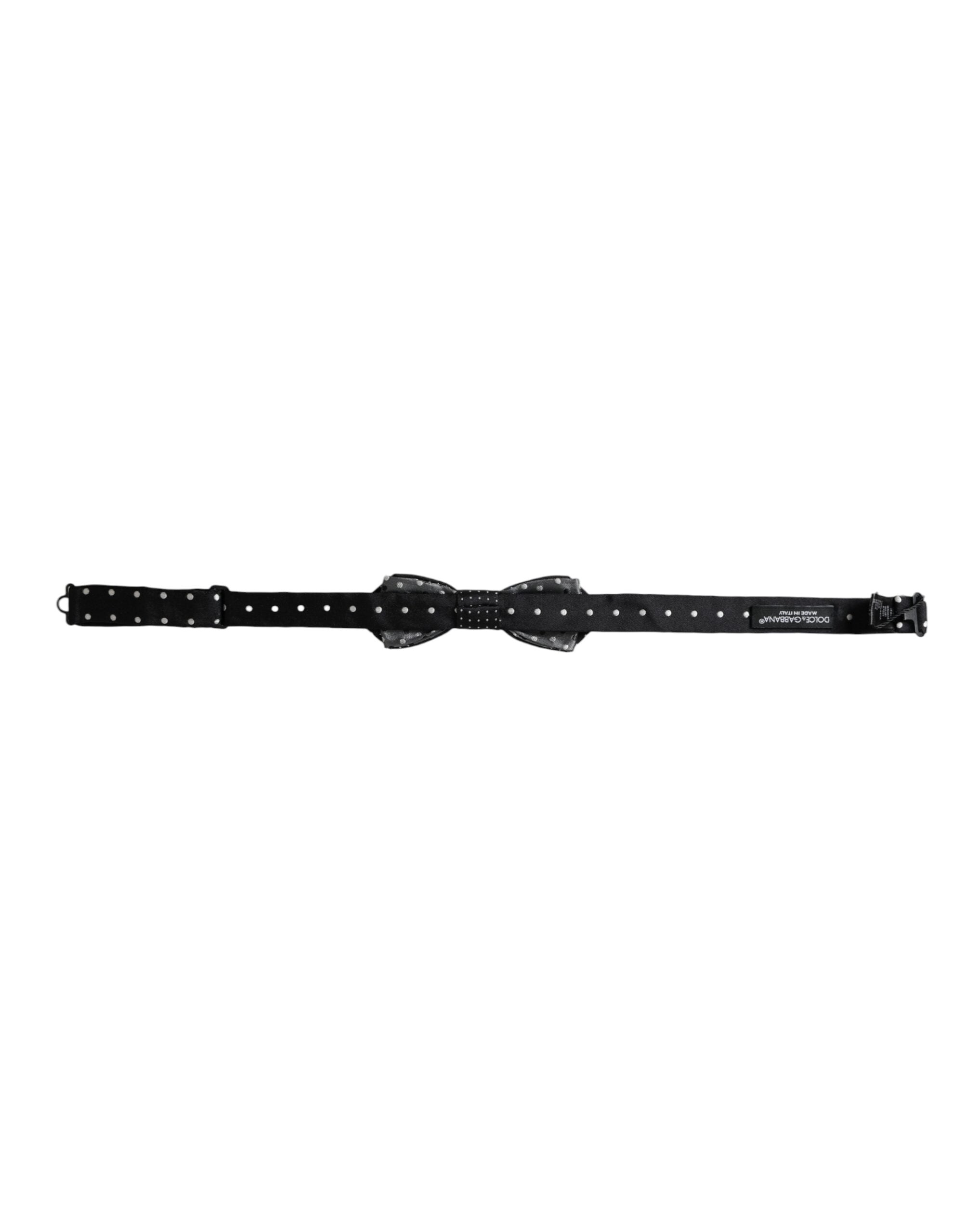Black silk polka dot adjustable neck bow tie for men by Dolce & Gabbana, featuring a classic papillon style.