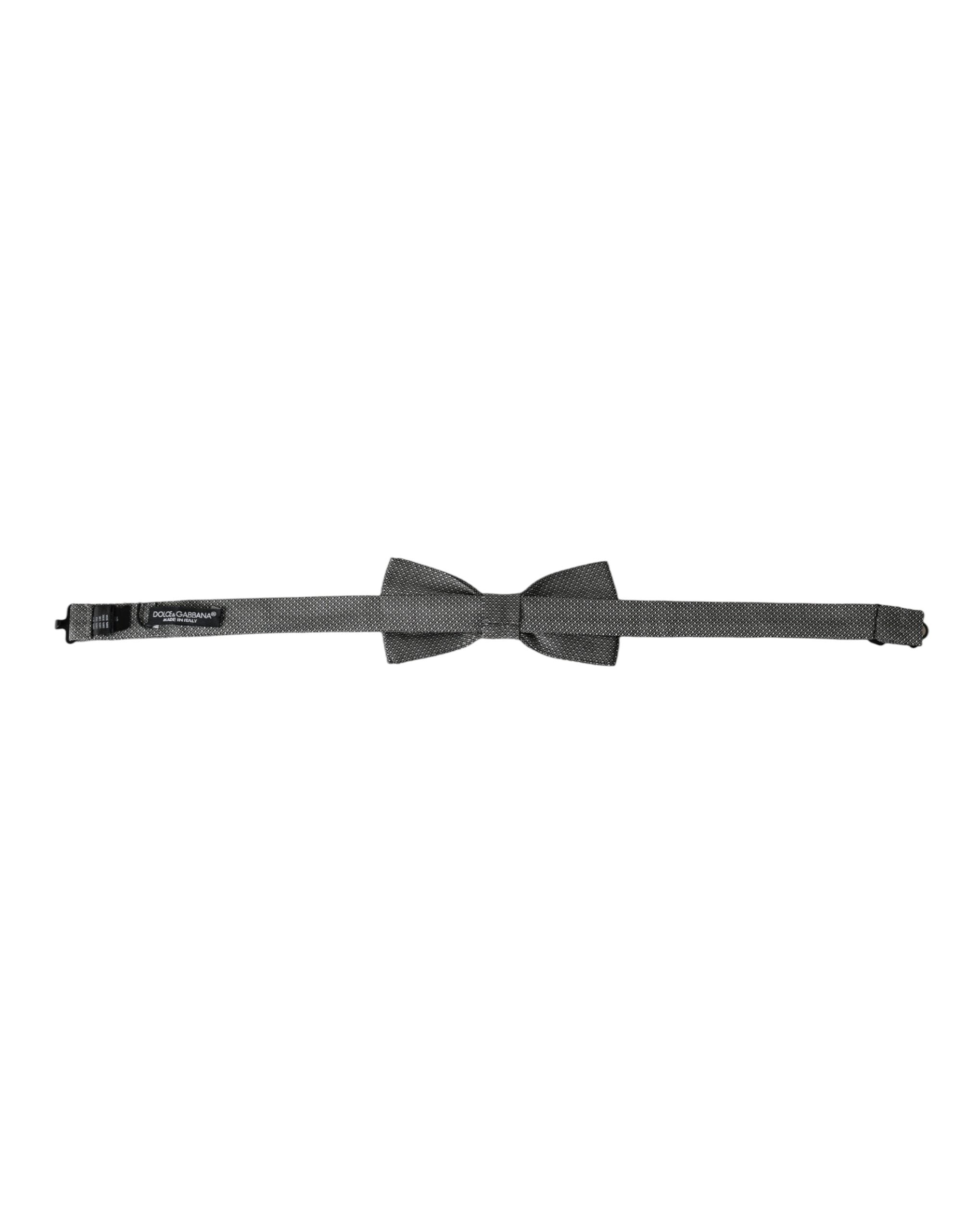 Gray silk patterned adjustable men's bow tie with papillon style by Dolce & Gabbana, featuring elegant design and classic knot.